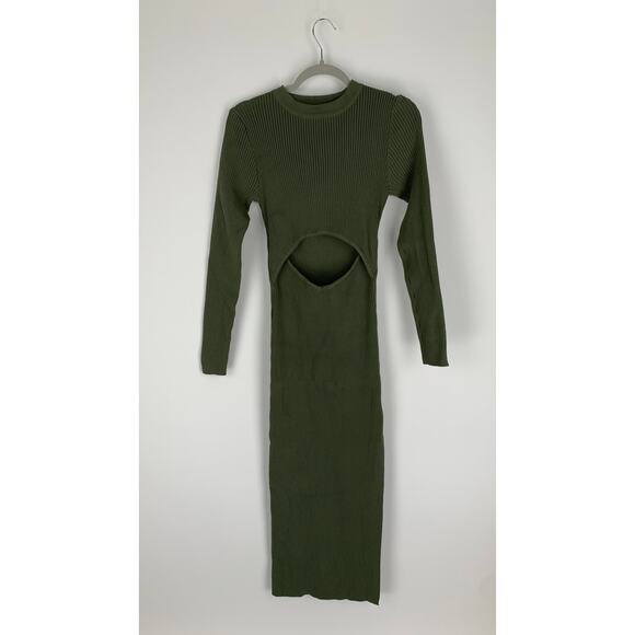 O. Vianca Ribbed Long Sleeve Cut Out Knit Maxi Dress Womens Size Large Green New - Picture 1 of 10